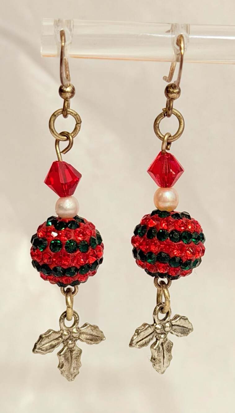 Bright Red Black Pave Crystal Ball Drop Earrings, Sterling Silver Hooks Shambala